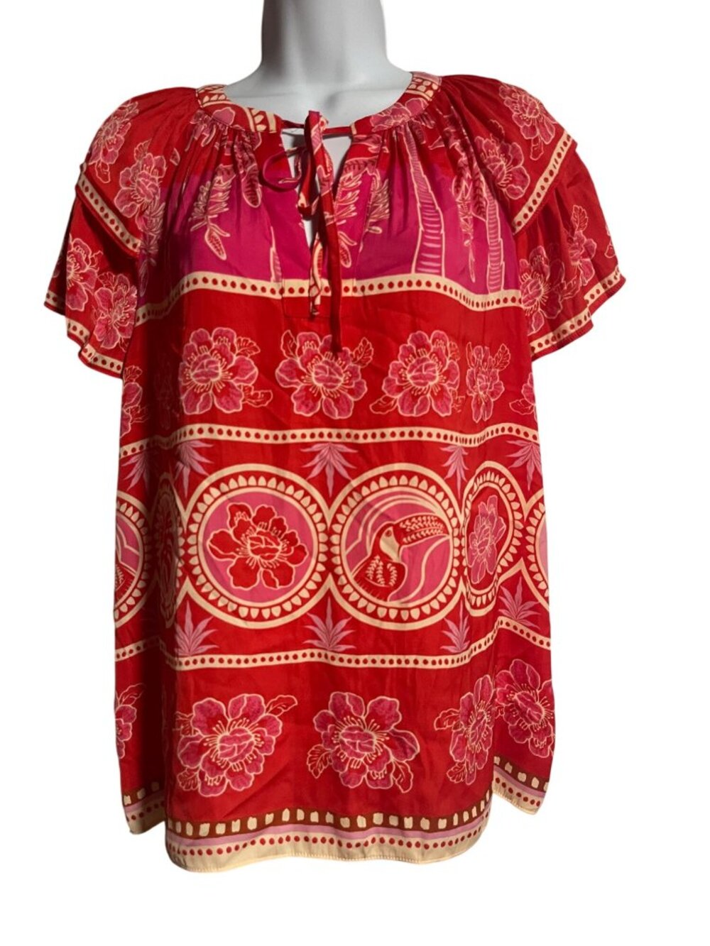 Cupcakes And Cashmere Womens Floral Tropical Print Blouse Size S Red Pink